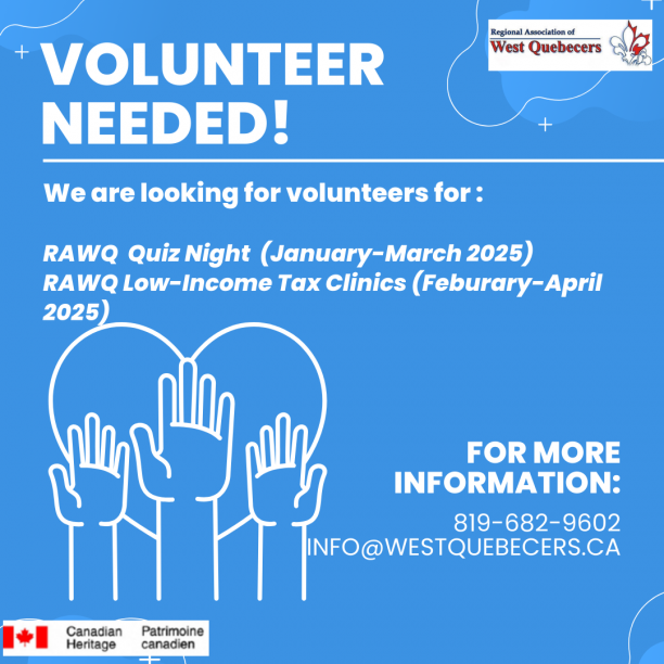 Poster with text asking for volunteers for quiz night and tax clinics